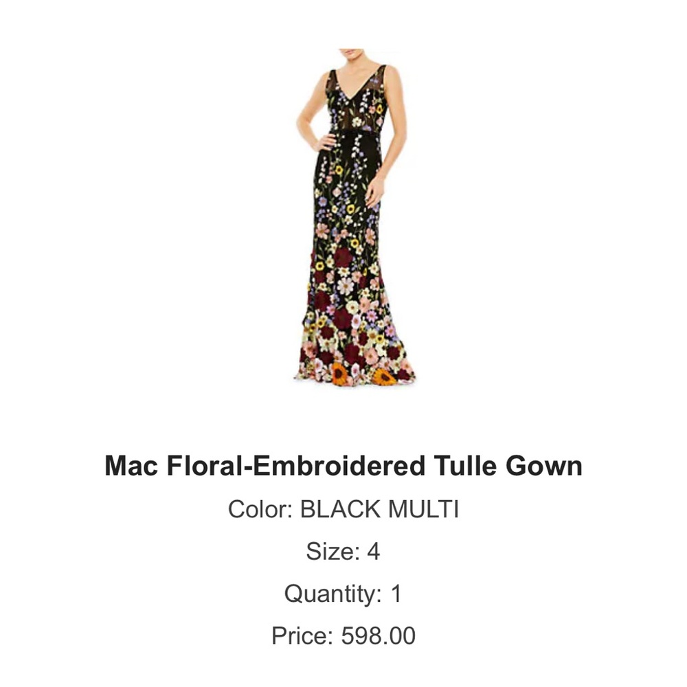 Mac Duggal Black Multi Floral-Embroidered Tulle Gown